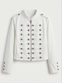 ATUI Studio Women's Military Napoleon Denim Jacket – Cropped Jean Coat With Gold Button Trim, Everyday Essential For Fall, Daily & Work - White - View 1