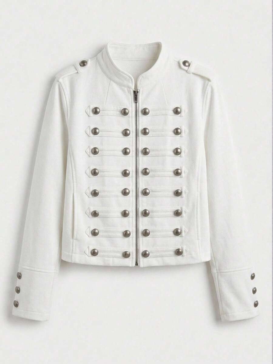 ATUI Studio Women's Military Napoleon Denim Jacket – Cropped Jean Coat With Gold Button Trim, Everyday Essential For Fall, Daily & Work - White - View 1