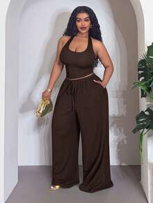 Veslaya Plus Size Women Solid Color Halter Neck Tank Top And Waist Tie Wide Leg Pants Casual 2 Pieces Set - Rust Brown - View 5