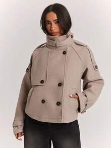 SHEIN BAE Wool Blend Stand Collar Double Breasted Short Long Sleeve Jacket Coat Office Everyday Going Out Grey Autumn Winter French Elegant Casual - Light Grey - View 6
