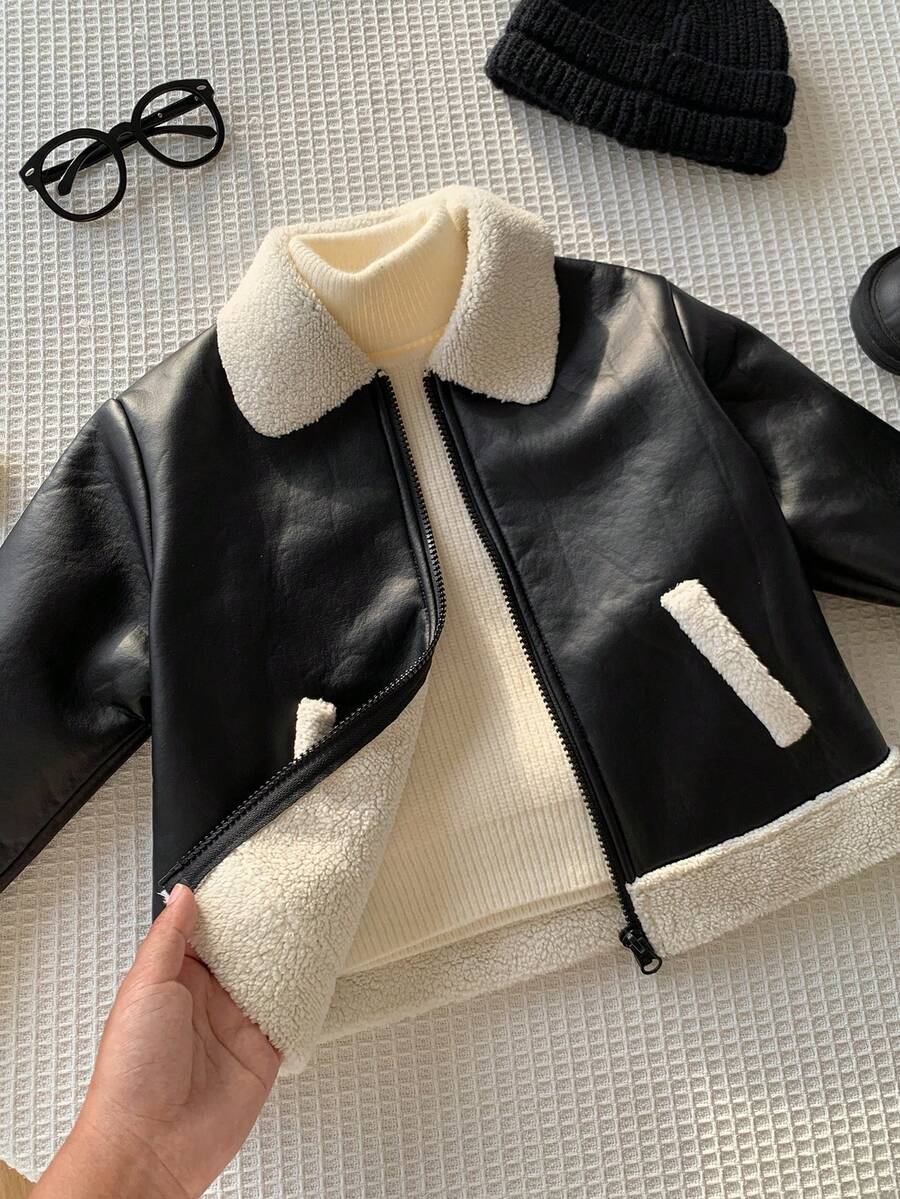 SHEIN 兒童小男孩加厚夾棉外套 冬季 PU 夾克 抓絨加厚 秋冬服飾 拼接黑色皮革機車夾克