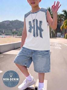 Teen Boy Casual Minimalist Sleeveless Round Neck Tank Top & Shorts 2-Piece Set, Suitable For Summer - Multicolor - View 1