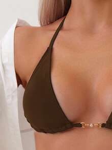 Swim Basics Conjunto de bikini de traje de baño de perlas falsas con sujetador de triángulo y fondo de natación para playa de verano - Café integral - Ver 3