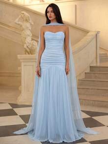 Firerie Elegant Glossy Tulle High Waist Ruched Mermaid Hem Backless Adjustable Tie Dress,Formal Party Dress For Wedding Guest Fall - Baby Blue - View 2