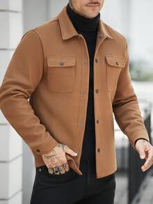 Manfinity LEGND Men's Solid Color Single-Breasted Casual Versatile Daily Wear Long Sleeve Wool Jacket - Khaki - View 4