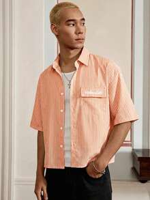 SWAVVY Camisa de manga corta casual con estampado de rayas y ajuste holgado, adecuada para primavera y verano - Naranja - Ver 1