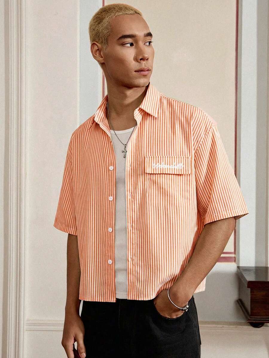 SWAVVY Camisa de manga corta casual con estampado de rayas y ajuste holgado, adecuada para primavera y verano - Naranja - Ver 1