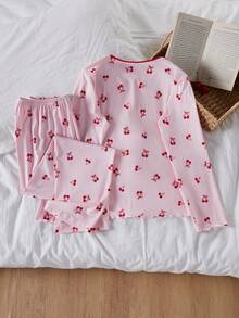Tween Girl Cherry Print Top And Pants Loungewear - Pink - View 3