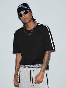 Men's Casual Side Stripe Loose T-Shirt, American Street Style Round Neck Short Sleeve, Versatile For Summer - Black - View 1