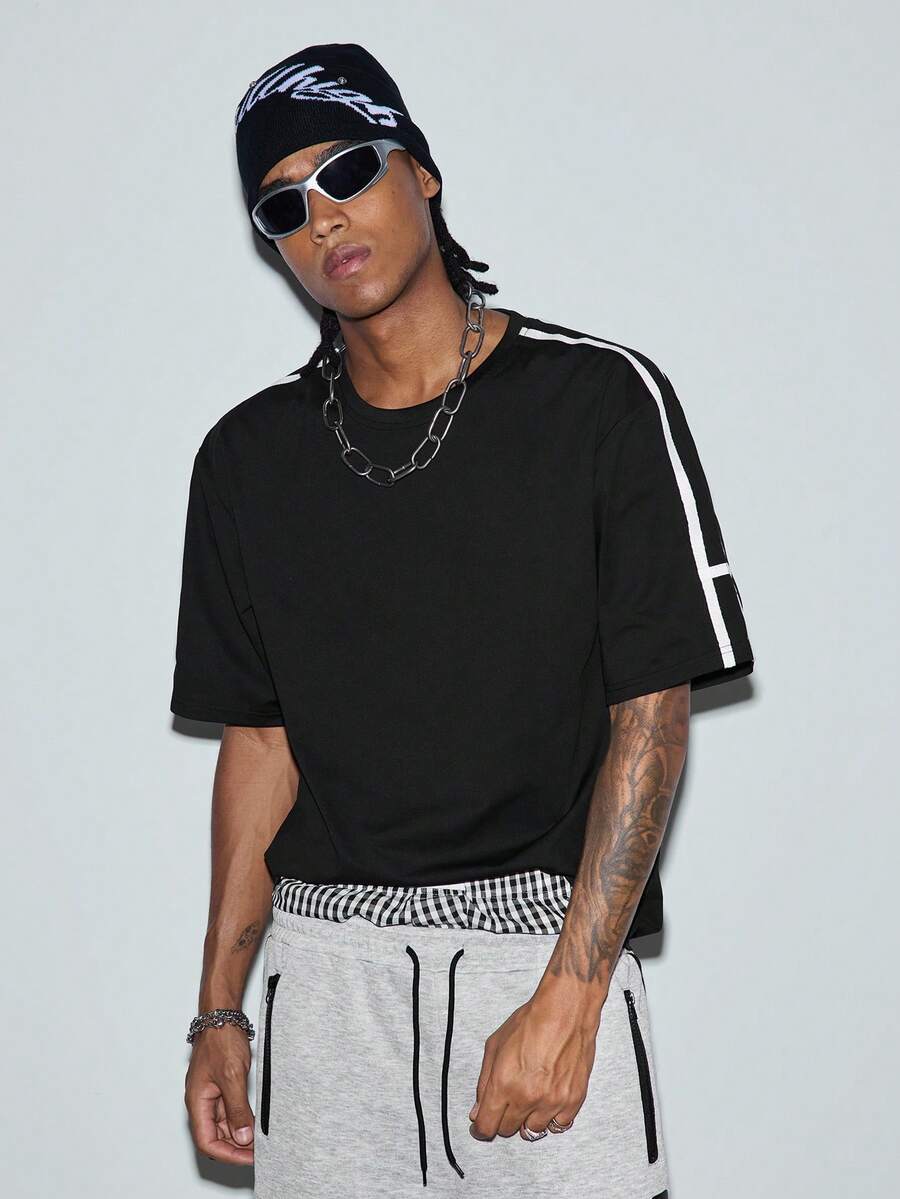 Men's Casual Side Stripe Loose T-Shirt, American Street Style Round Neck Short Sleeve, Versatile For Summer - Black - View 1