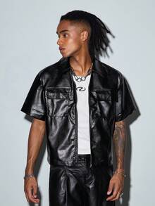 Modcrash Mens Black PU Leather Shirt, Short Sleeve Streetwear Button Down For Business Casual And Parties - Black - View 1