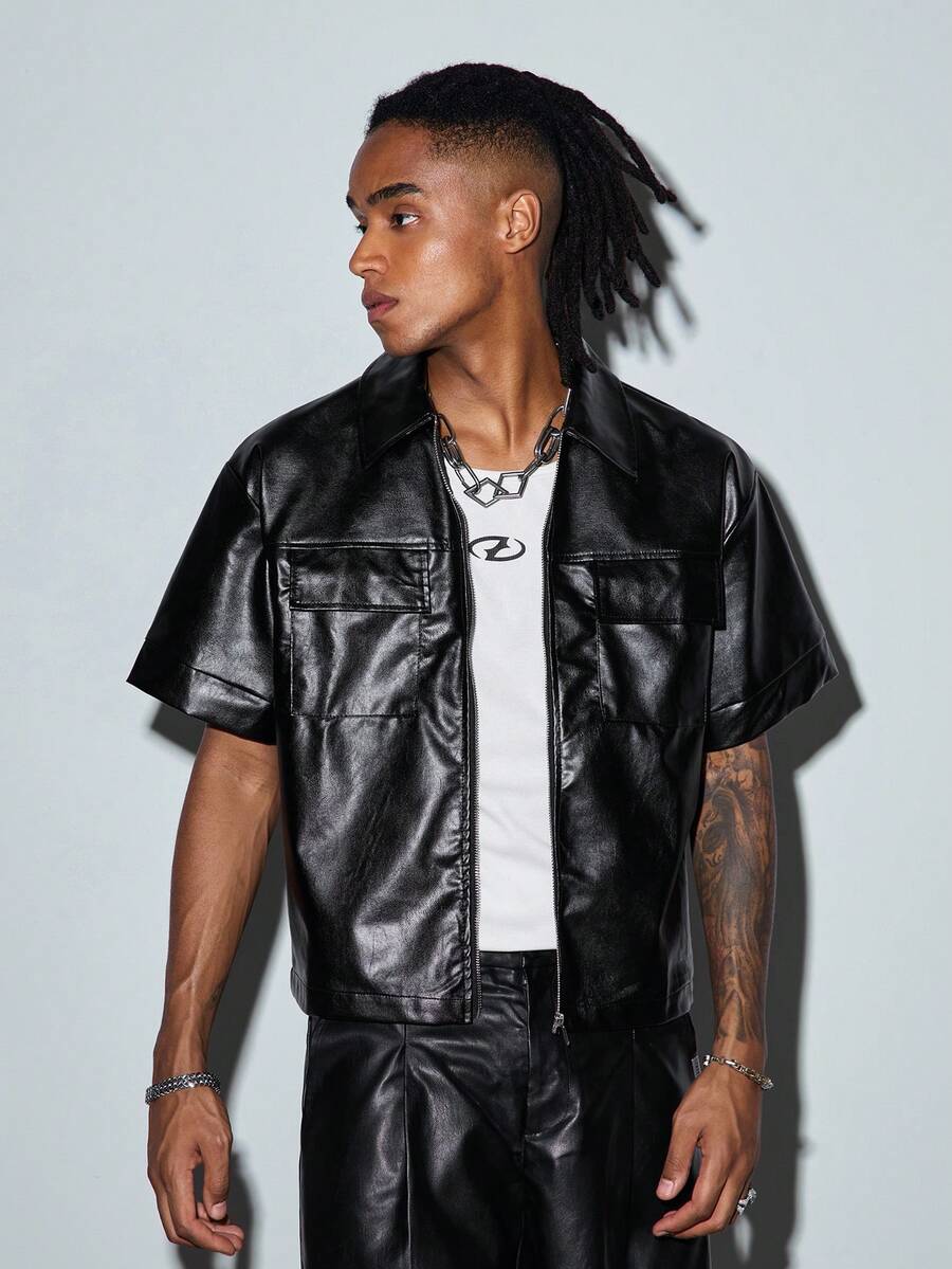 Modcrash Mens Black PU Leather Shirt, Short Sleeve Streetwear Button Down For Business Casual And Parties - Black - View 1