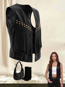 Yalmera Women's Suede Fringe Rivet Decor Boho Casual Jacket, Versatile For Daily, Vacation, Business, Beige, Sleeveless, Early Spring/Spring & Summer - Black - View 8