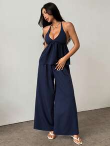 SHEIN PETITE Women's Solid Color Halter Tie Backless Pleated Top And Wide Leg Pants Casual Elegant Sexy 2-Piece Set Petite Night Out Vacation Navy Blue Summer - Navy Blue - View 8