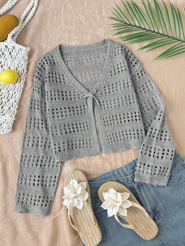 SHEIN Tween Girl Hollow Knit Cardigan, Suitable For Home, Casual Outings, Beach Vacations, Parties And Other Occasions, Comfortable Versatile Soft