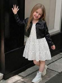 SHEIN Elladie kids 女童新款西裝領長袖外套搭配鬆緊腰 A 字版層次花卉印花吊帶洋裝 2 件套，適合休閒返校穿著 - 白色 - 查看 1