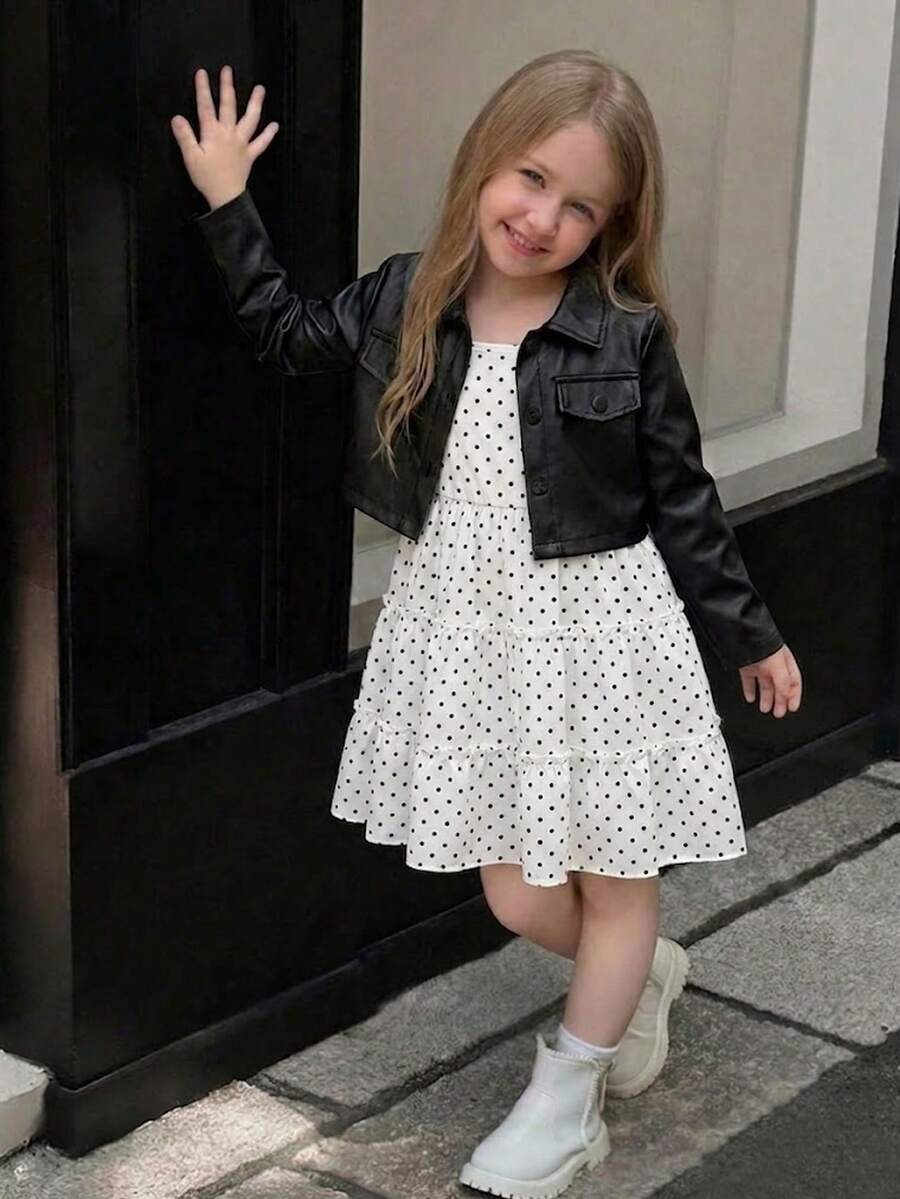 SHEIN Elladie kids 女童新款西裝領長袖外套搭配鬆緊腰 A 字版層次花卉印花吊帶洋裝 2 件套,適合休閒返校穿著 - 白色 - 查看 1