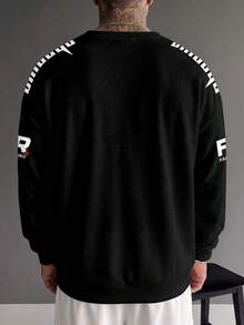 Sport MetroGents Dark Racing Graphic Crew Neck Sweatshirt For Men, Shoulder Sleeve Racing Letter Splicing Design, Soft Breathable Fabric, Relaxed Fit Daily Streetwear - Multicolor - View 2