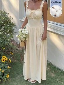 SHEIN EZwear Summer Home Workout Casual Frill Trim Front Tie Sleeveless Dress - Apricot - View 9