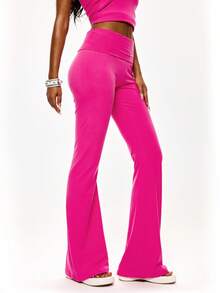 SHEIN BAE Women's Letter Rhinestone Flare Pants Night Out Night Party Night Party Date Night Going Out Pink Check Autumn Y2k 90s - Hot Pink - View 4