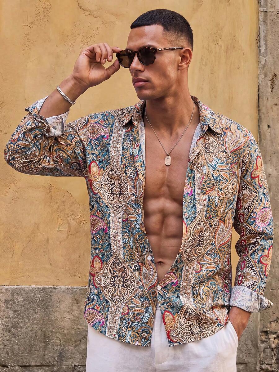 HIMLAND 男士佩斯利印花長袖鈕扣領襯衫,寬鬆休閒上衣,輕盈透氣,復古復古海灘度假風 - 彩色 - 查看 1