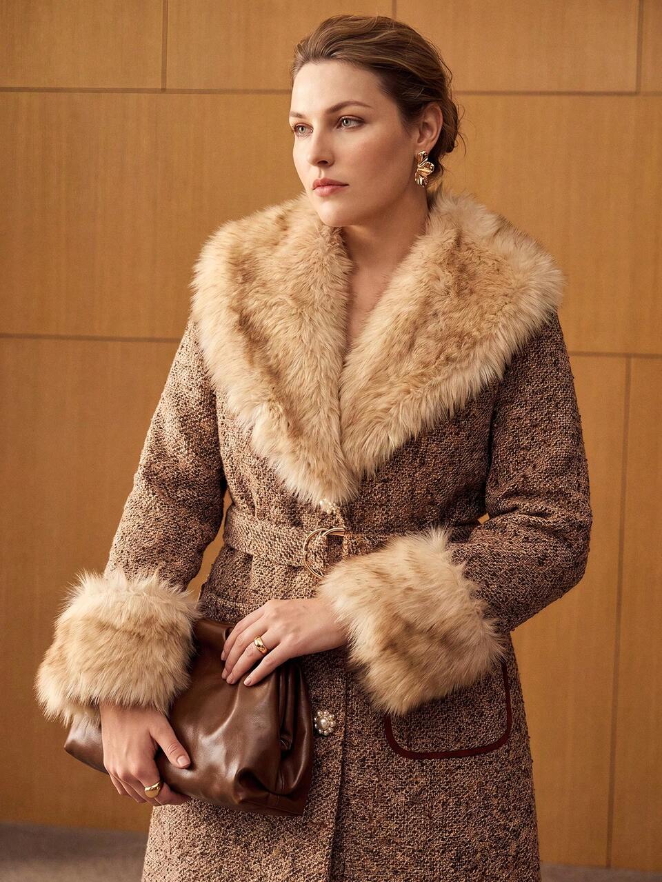 MOTF WOMEN'S PLUS SIZE AUTUMN/WINTER WOOL BLEND SINGLE-FACED WOOL COLLAR PATCHWORK MID-LENGTH OVERCOAT