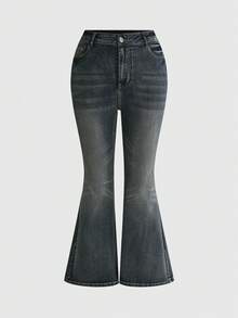 ROMWE Grunge Punk Celana Jeans Flare Ukuran Plus dengan Bordir Mahkota dan Pita ala Gadis Milenium Y2K - Biru - View 3