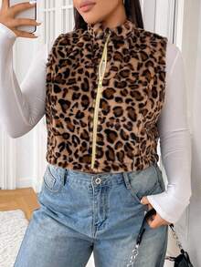 SHEIN EZwear 大码女式简约日常无袖豹纹背心夹克，冬季 - 彩色 - 查看 4
