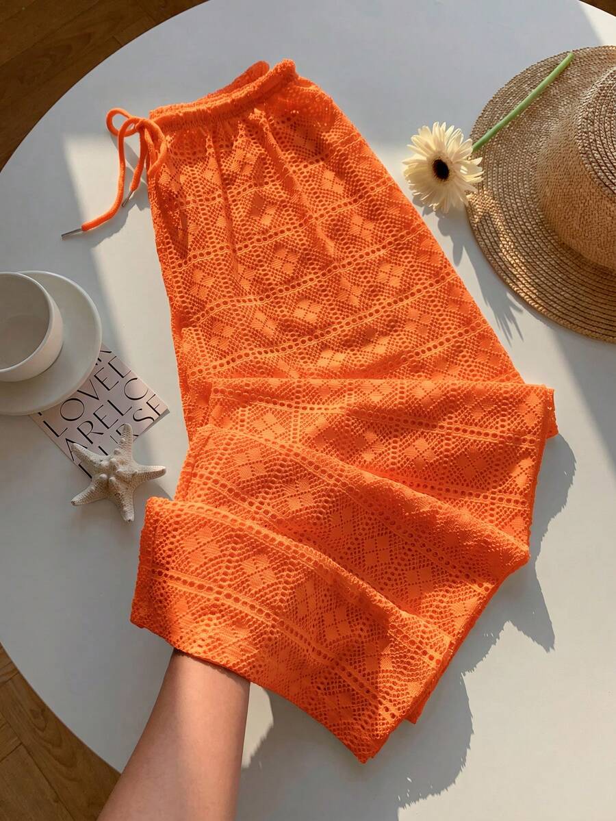 Comfortcana 女款度假腰綁帶寬腿寬鬆長褲,沙灘穿搭,焦橙色,夏季波希米亞風 - 橘色 - 查看 1