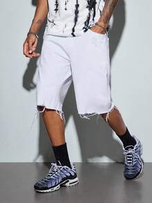 Modcrash Men's Ripped Denim Shorts, Korean Style Loose Fit Casual Knee-Length Jeans Shorts - White - View 1