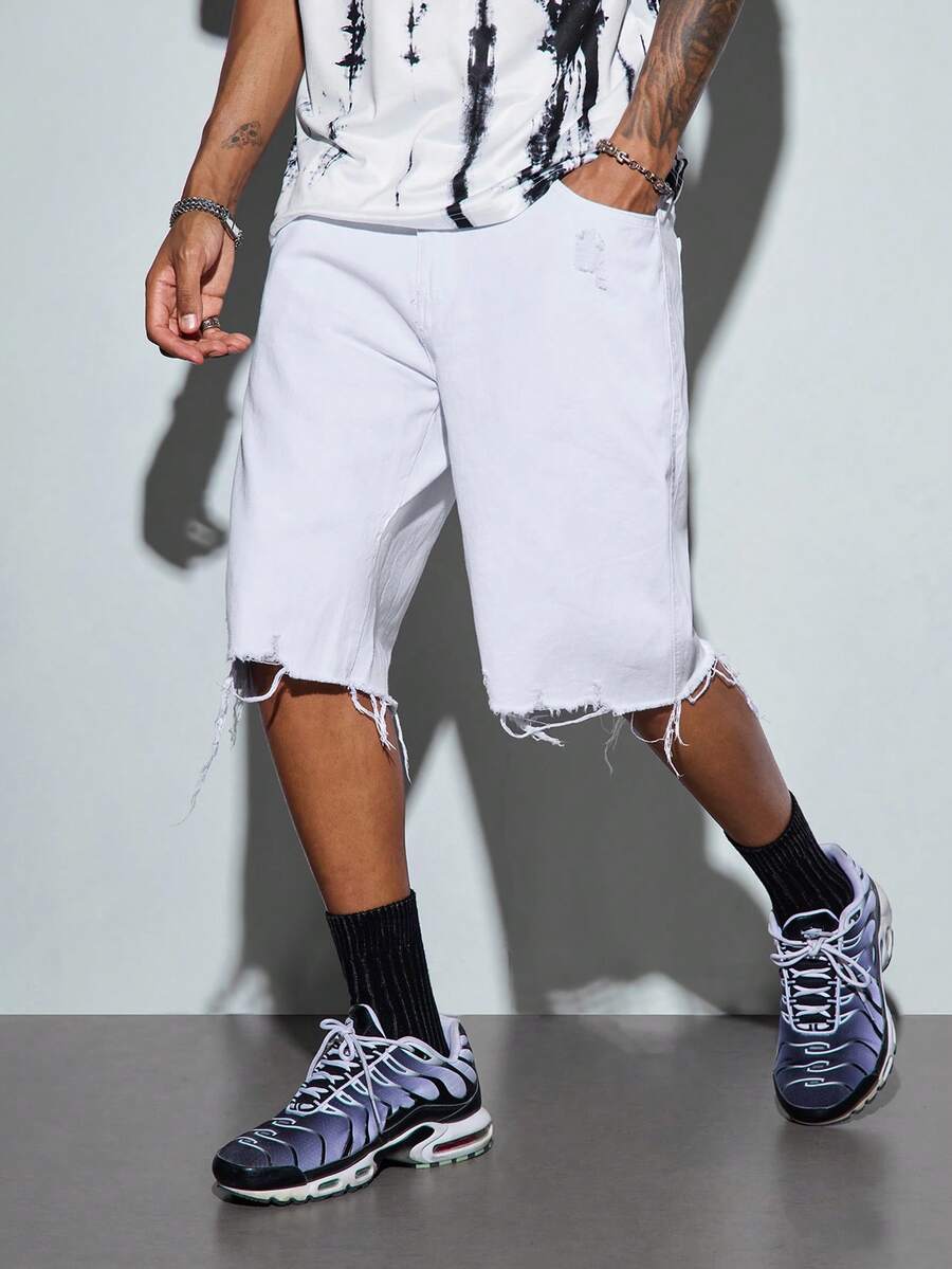 Modcrash Men's Ripped Denim Shorts, Korean Style Loose Fit Casual Knee-Length Jeans Shorts - White - View 1