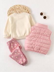 SHEIN Baby Girl 3pcs Set: Knitted Soft Round Neck Long Sleeve Pullover Sweatshirt With Heart Pattern, Elastic Waist Long Pants, And Woven Solid Color Stand Collar Sleeveless Vest - Multicolor - View 2