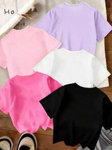 (3 Random Item From 5) Four Seasons Girls' Children's Fashion Fresh Colorful Flower Hollowout Love Leopard Pattern Letter Printing Basic Short T - Multicolor - View 2