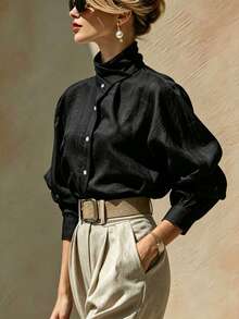 SHEIN Women's Solid Color Single-Breasted Casual Versatile Daily Wear Shirt - Black - View 6