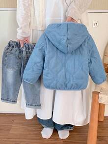 SHEIN 男嬰黑色冬季保暖內裡連帽拉鍊加厚外套 休閒百搭 柔軟舒適 適合戶外雪地玩樂運動 - 藍色 - 查看 2