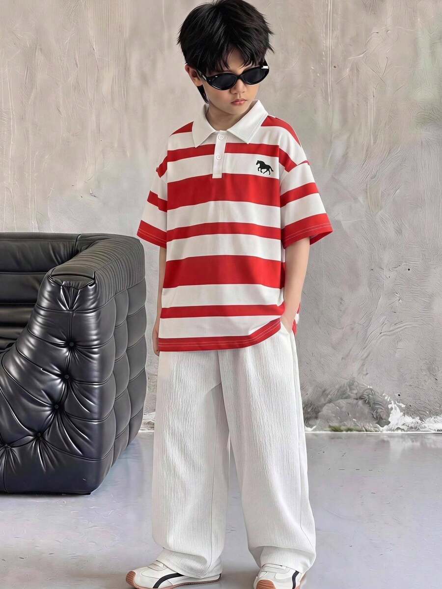 SHEIN 男童紅白條紋 Polo 衫與寬鬆短袖休閒褲 2 件套