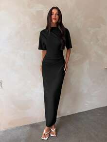 Aloruh New Solid Color Versatile Elegant Intellectual Minimalist Office Commute Waist-Cinching Ruched Decor Loose Top Fitted Hip Long Short Sleeve Dress - Black - View 2