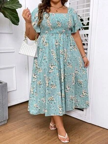 SHEIN CURVE+ Plus Size Floral Print Empire Waist Long Dress, For Summer - Blue - View 4