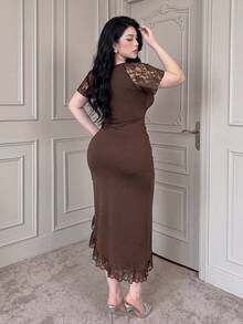 Vibekara Abito con maniche in pizzo, marrone caffè, adatto per appuntamenti romantici, feste formali, outfit per San Valentino, serate fuori, stile elegante e sexy per adulti - Caffè Marrone - Visualizzare 2