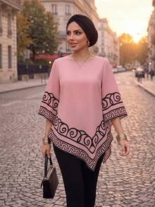 SHEIN Lady Women's Round Neck 3/4 Bell Sleeve Geometric Print Asymmetric Hem Loose Blouse - Multicolor - View 6