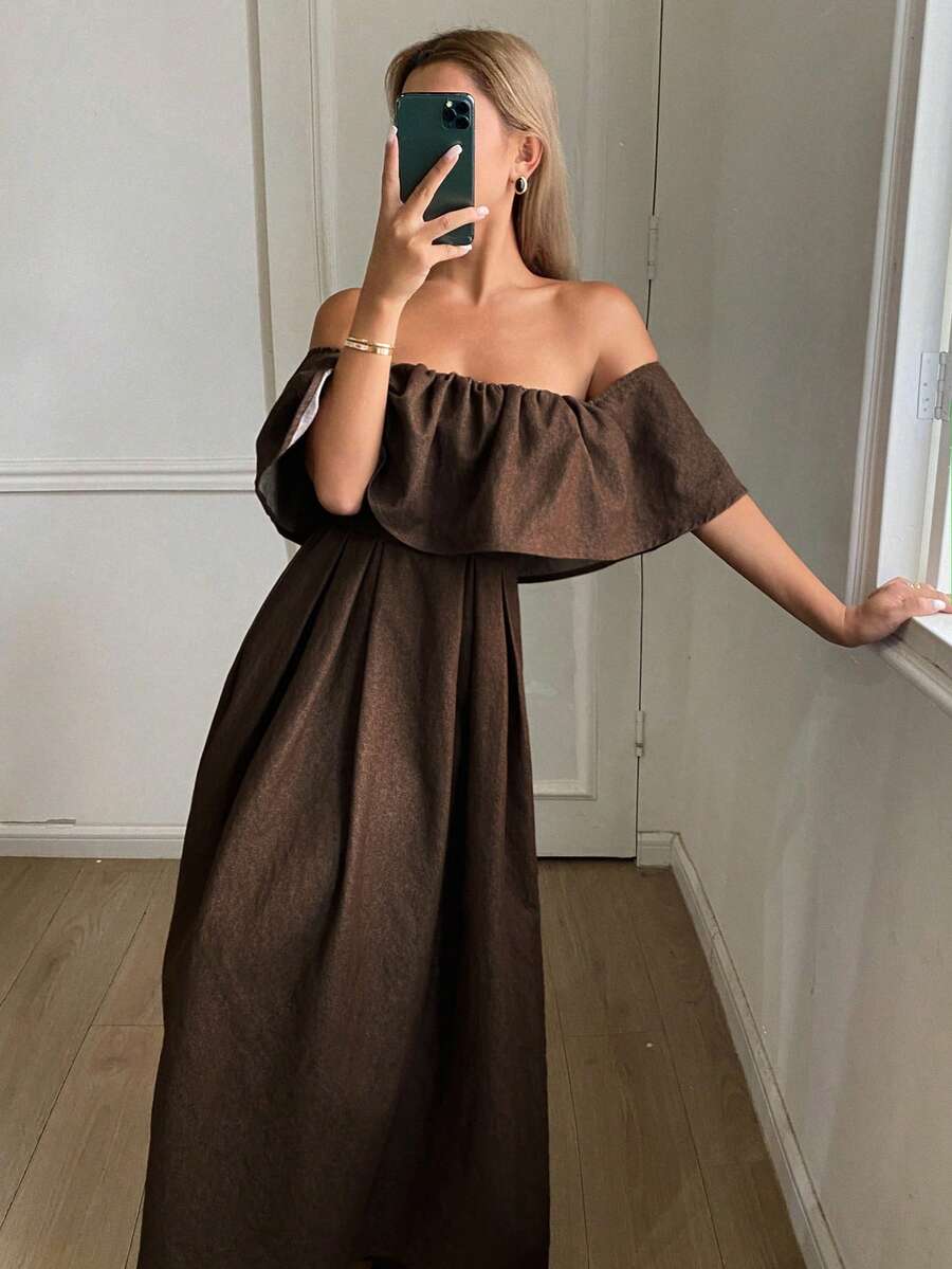 Livesso Women's Vintage Brown Solid Color Ruffle Ruffle Waist-Cinched Full Skirt Denim Dress - Brown - View 1