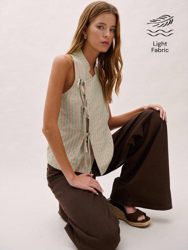 Nöista Sleeveless Mandarin Collar Striped Top, Elegant Fall Casual Blouse, Back To School, Office, Going Out, Everyday Chic Style