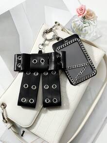 ROMWE Goth 1個重裝哥德風黑色皮革打孔手工蝴蝶結鏈條壓克力卡片DIY鑰匙圈包包吊飾，女孩配戴節日禮物 - 黑色-37 - 查看 10