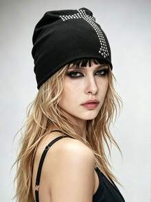 ROMWE Goth 1 Piece Punk Style Rivet Cross Cold Hat, Y2K High Quality Retro Black Hat - Black - View 4