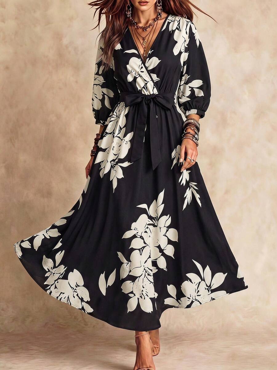 Rometta Plus Size Solid Color Print Cross Neck Short Sleeve Flowy Dress Wedding Day Wedding Guest Fall - Black and White - View 1