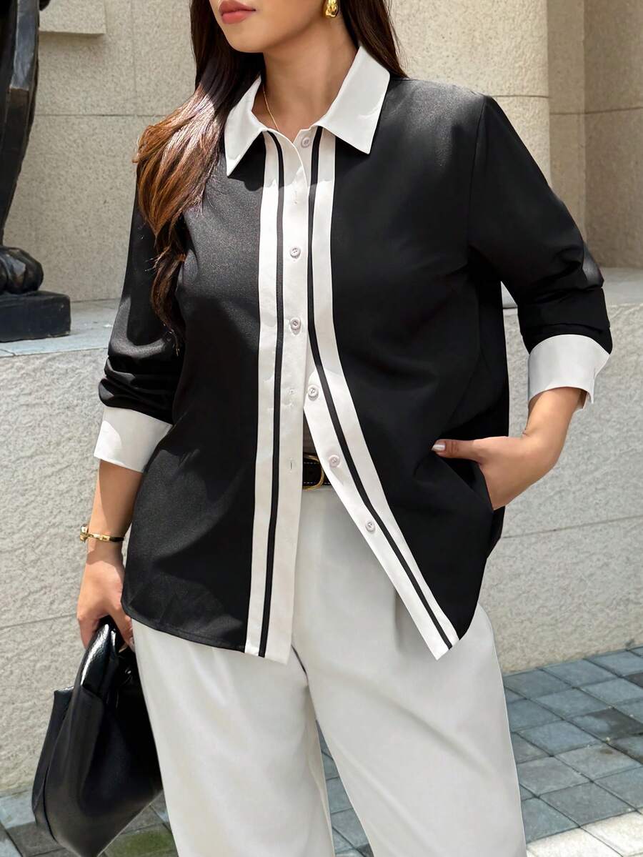 Easura Plus Size Elegant Long Sleeve Button-Front Contrast Color Commuter Women's Shirt - Black and White - View 1