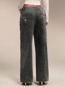 SHEIN PETITE 女款水鑽裝飾口袋寬腿寬鬆休閒牛仔褲 - 黑色 - 查看 2