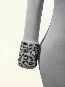 Mistrie Women's Grey Leopard Print Plush Patchwork Ribbed Long Sleeve Short Dress Club Night Out Autumn Sexy - Grey - View 5