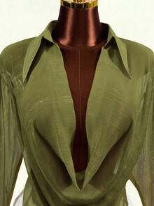 Mistrie Women's Cowl Neck Chiffon Sheer Blouse Night Out Going Out Date Night Olive Green Summer Sexy - Green - View 6
