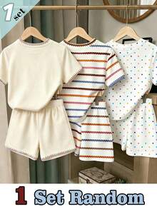Souflis Souflis 1 Set Random Summer Fresh And Simple Girl's Brown Stripe Colorful Flower Pattern Printed Basic Short T Plus Shorts Set - Multicolor - View 2